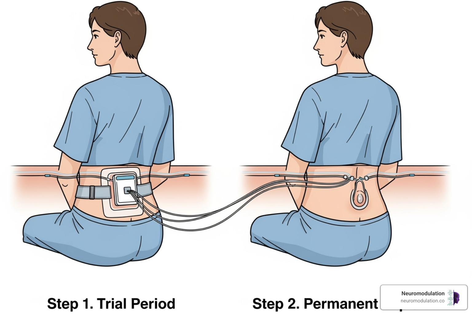 An illustration of the two-step SCS process: trial and permanent implant - SCS for neuropathy An illustration of the two-step SCS process: trial and permanent implant - SCS for neuropathy