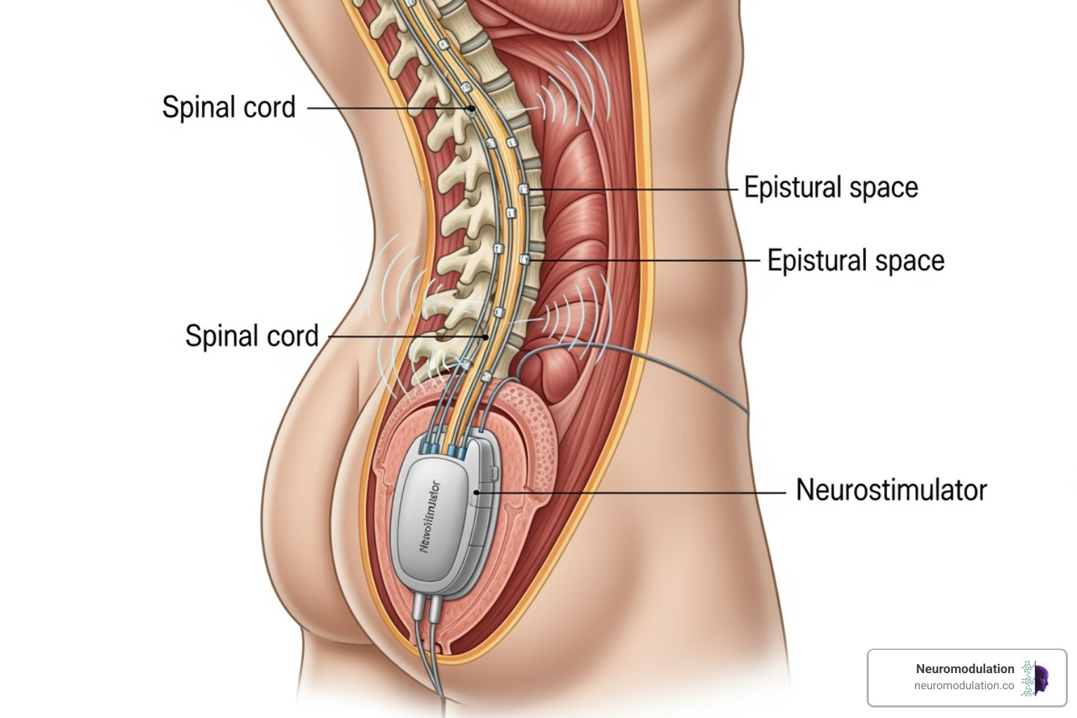 A diagram showing the SCS device, leads, and placement along the spinal cord - SCS for neuropathy A diagram showing the SCS device, leads, and placement along the spinal cord - SCS for neuropathy