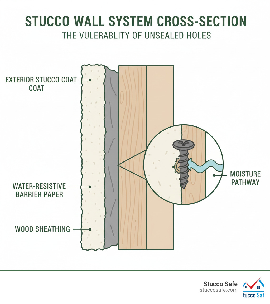 Infographic showing cross-section of stucco wall system with labeled layers including exterior stucco coat, water-resistive barrier paper, wood sheathing, wall framing studs, and a detailed callout of a screw hole penetrating through all layers with moisture pathway indicated - how to fill screw holes in stucco infographic Infographic showing cross-section of stucco wall system with labeled layers including exterior stucco coat, water-resistive barrier paper, wood sheathing, wall framing studs, and a detailed callout of a screw hole penetrating through all layers with moisture pathway indicated - how to fill screw holes in stucco infographic