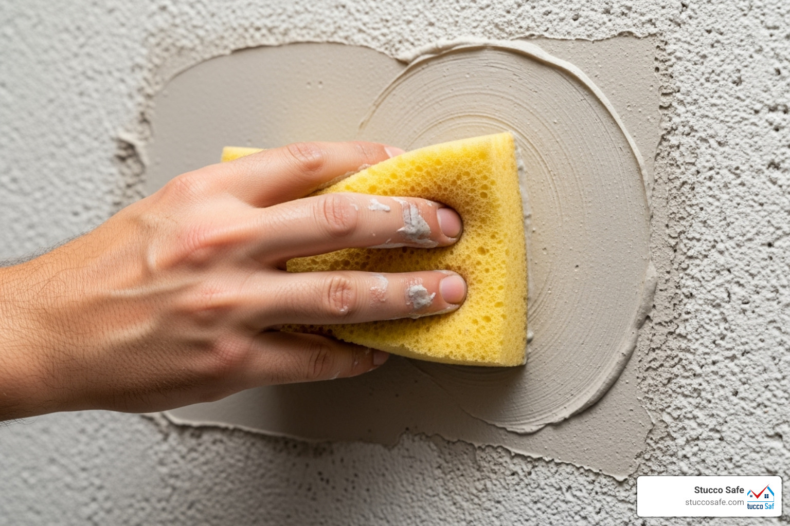 a hand using a damp sponge in a circular motion to blend a fresh patch - how to fill screw holes in stucco a hand using a damp sponge in a circular motion to blend a fresh patch - how to fill screw holes in stucco