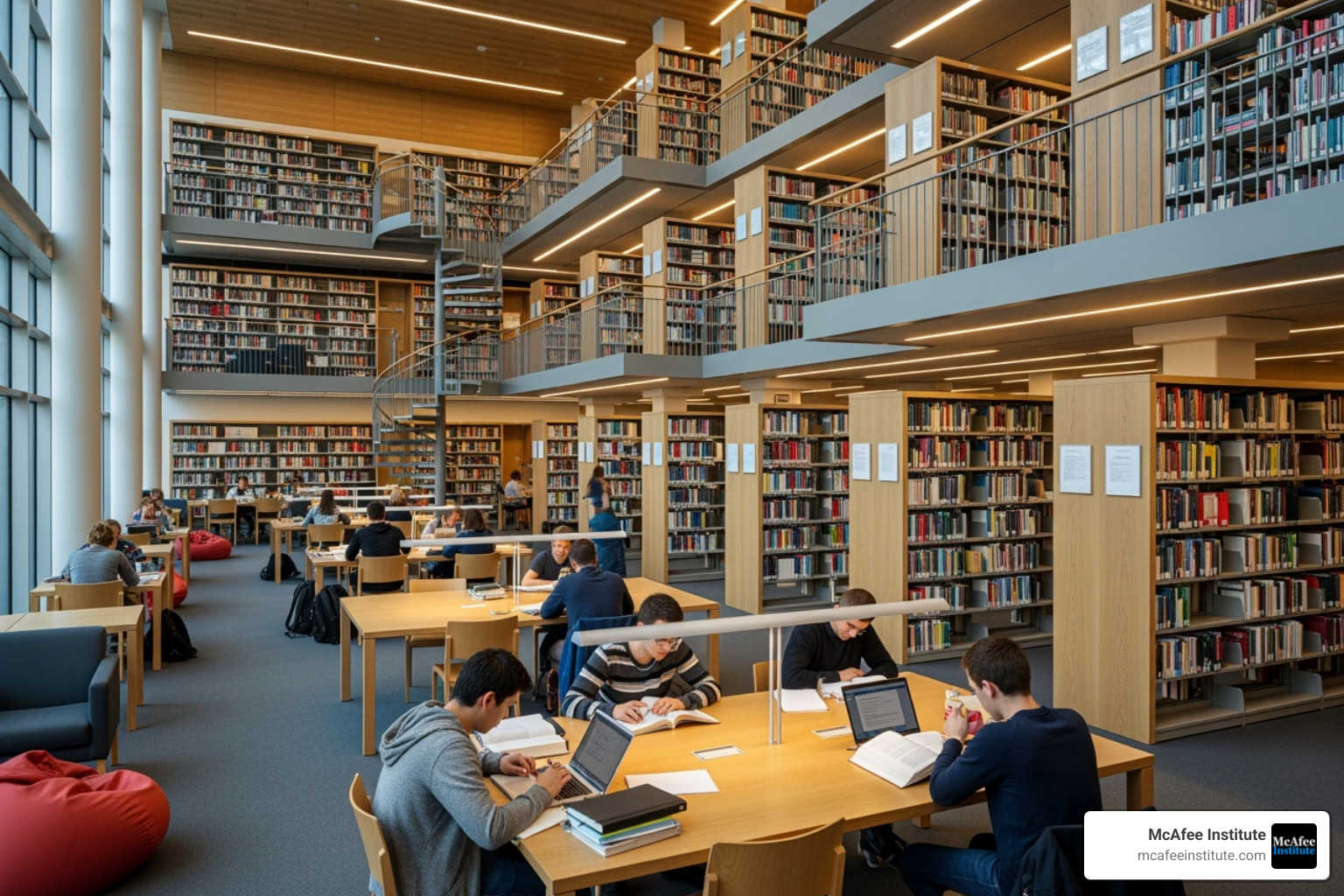 A university campus library, with students studying and books on shelves - how to become a cia analyst A university campus library, with students studying and books on shelves - how to become a cia analyst