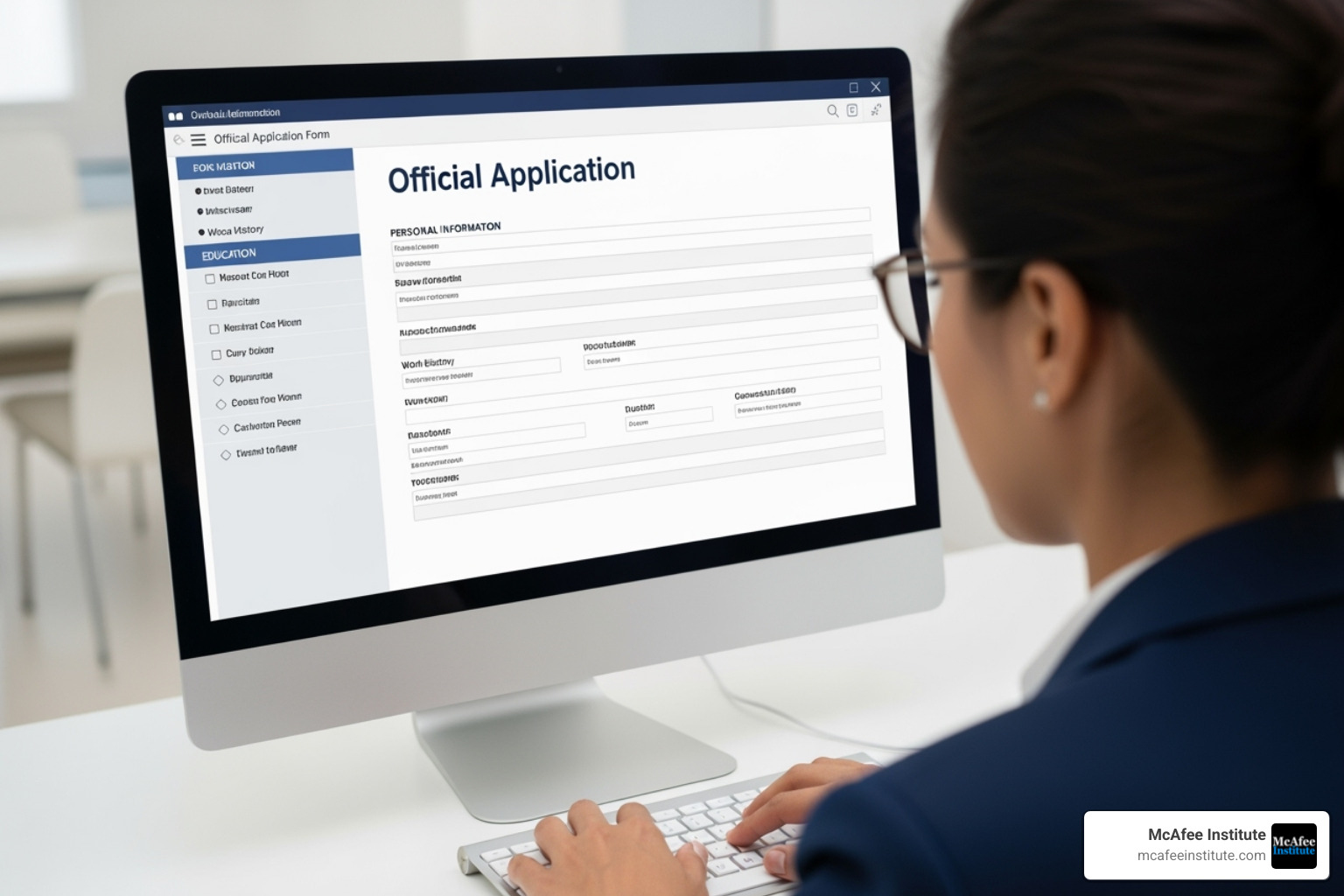 A person filling out an official-looking application form online, with a blurred background - how to become a cia analyst A person filling out an official-looking application form online, with a blurred background - how to become a cia analyst