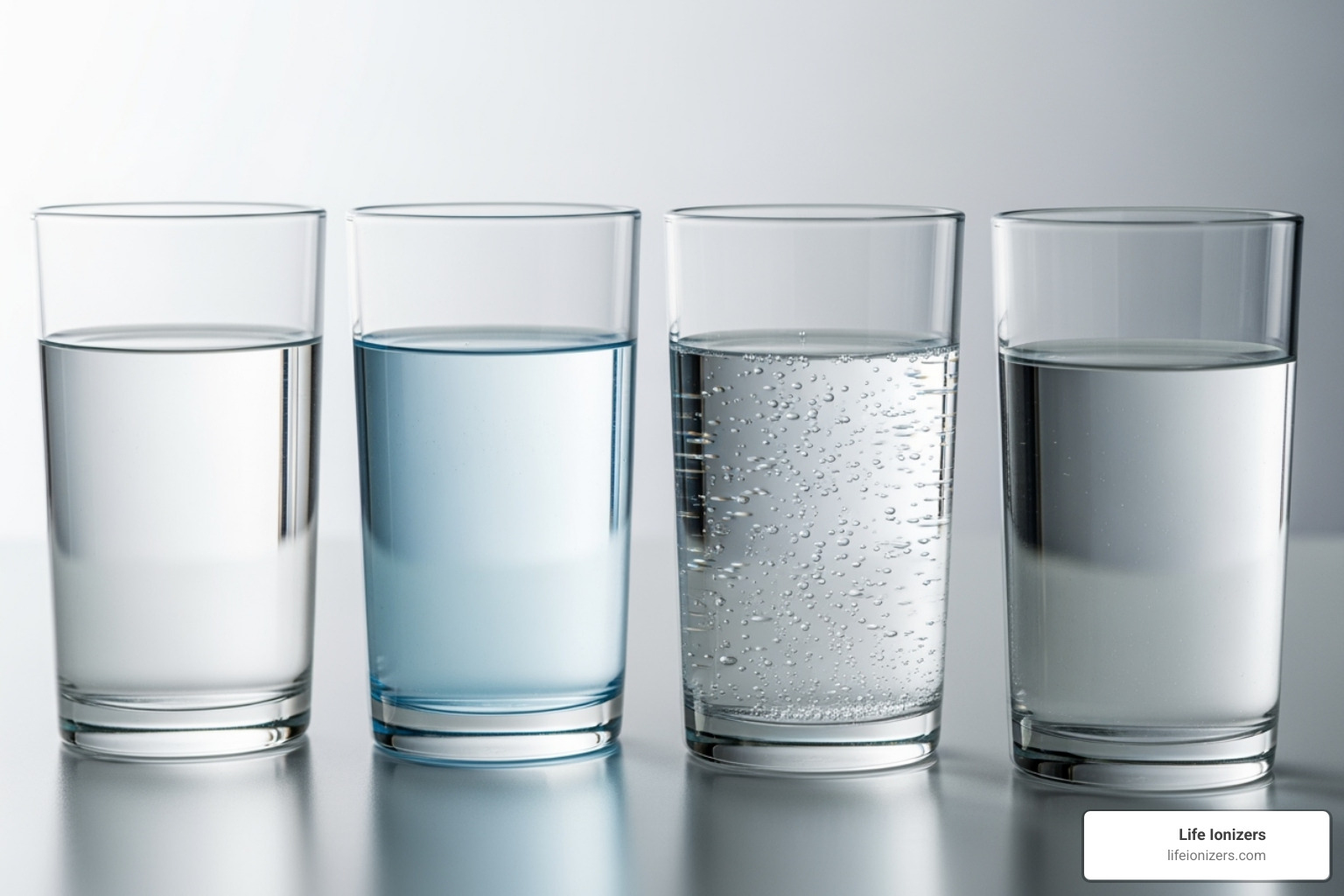 various water types in glasses (tap, mineral, alkaline, ionized) - Healthy drinking water