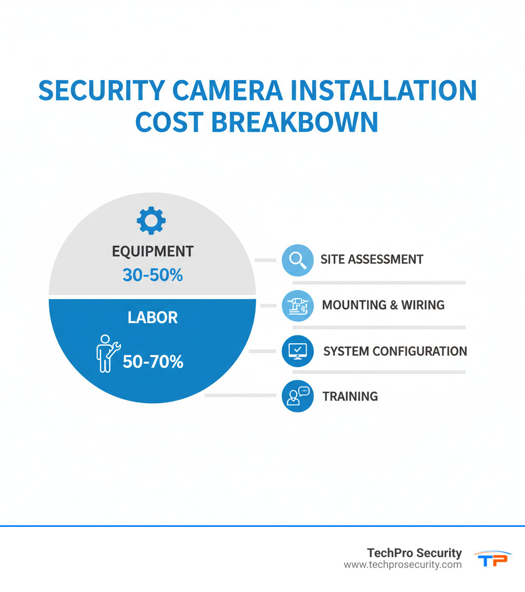 Infographic showing security camera installation cost breakdown: Equipment 30-50%, Labor 50-70%, with labor divided into site assessment, mounting and wiring, system configuration, and training - security camera installation labor cost miami fl infographic Infographic showing security camera installation cost breakdown: Equipment 30-50%, Labor 50-70%, with labor divided into site assessment, mounting and wiring, system configuration, and training - security camera installation labor cost miami fl infographic