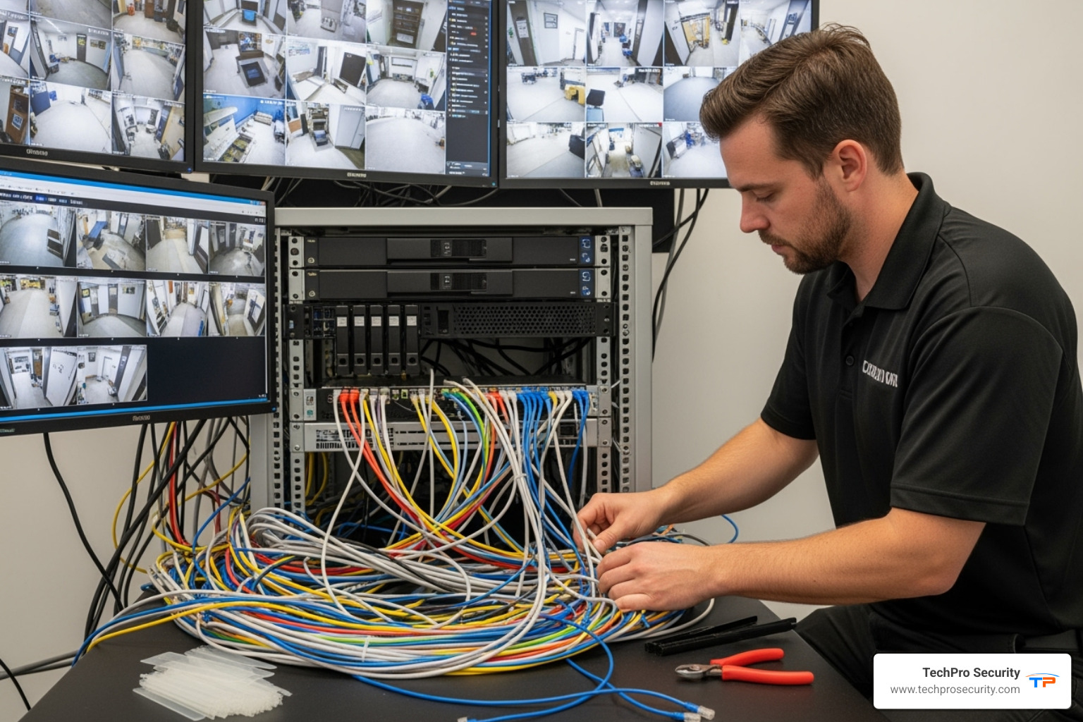 technician organizing wires at NVR station - security camera installation labor cost miami fl