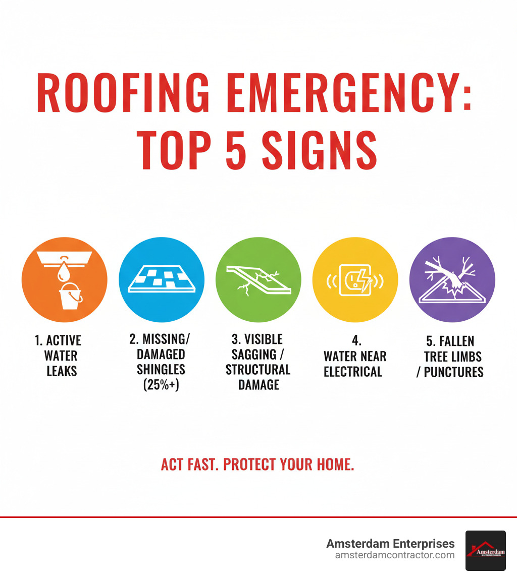 infographic showing the top 5 signs of a roofing emergency: active water leaks through the ceiling, missing or severely damaged shingles covering more than 25% of the roof, visible sagging or structural damage to the roof deck, water pooling near electrical outlets or fixtures, and fallen tree limbs or debris puncturing the roof surface - 24 hour emergency roof repair near me infographic infographic showing the top 5 signs of a roofing emergency: active water leaks through the ceiling, missing or severely damaged shingles covering more than 25% of the roof, visible sagging or structural damage to the roof deck, water pooling near electrical outlets or fixtures, and fallen tree limbs or debris puncturing the roof surface - 24 hour emergency roof repair near me infographic