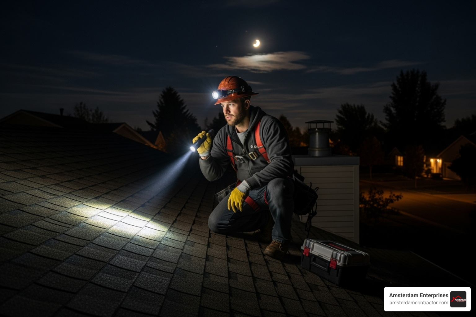 professional roofer inspecting a roof at night - 24 hour emergency roof repair near me professional roofer inspecting a roof at night - 24 hour emergency roof repair near me