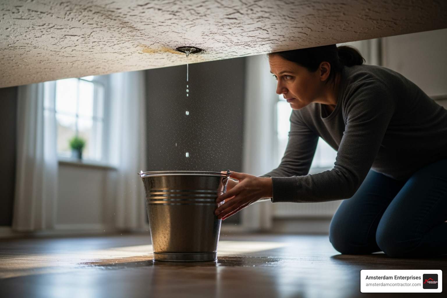 homeowner placing a bucket under a ceiling leak - 24 hour emergency roof repair near me homeowner placing a bucket under a ceiling leak - 24 hour emergency roof repair near me