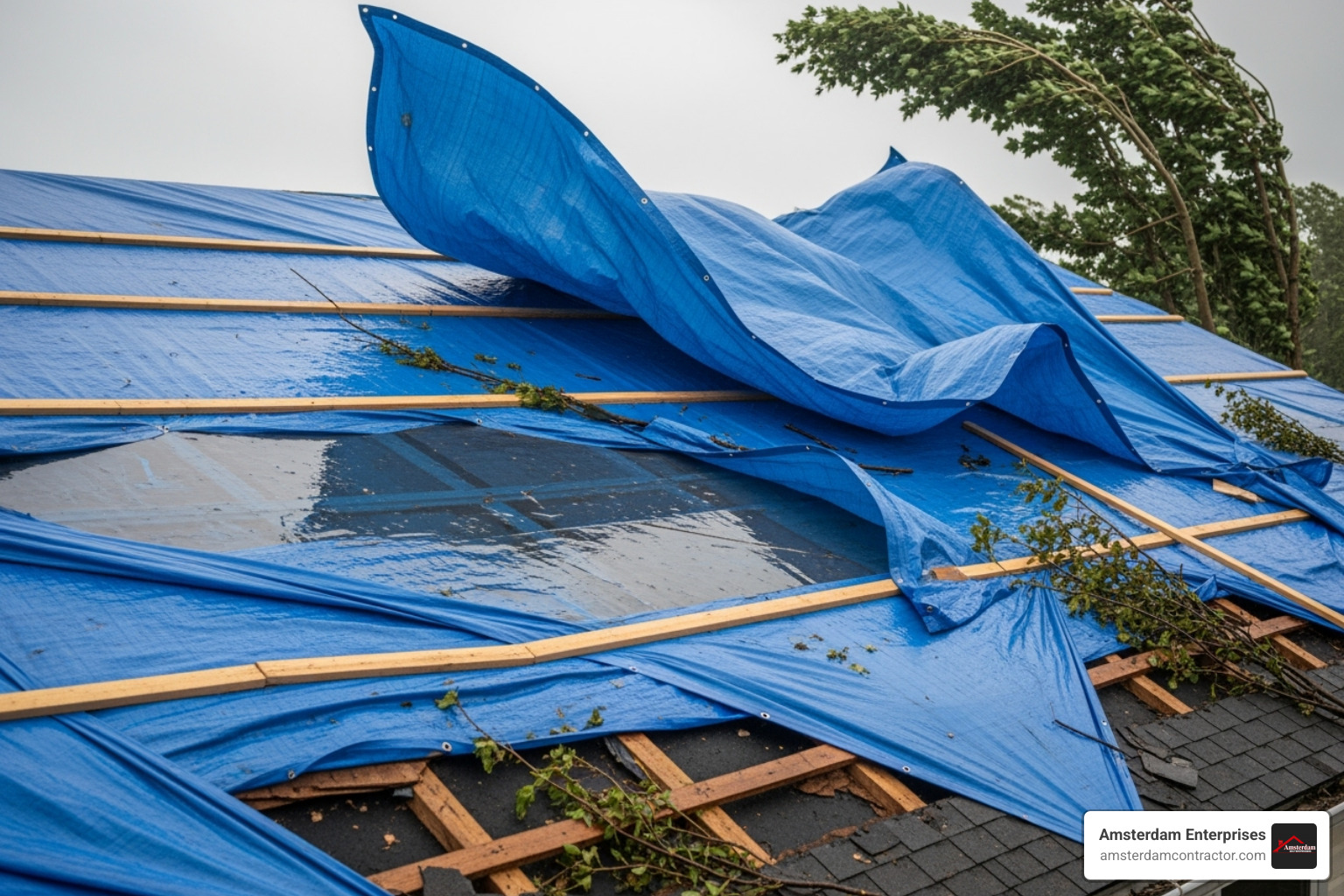 poorly installed DIY tarp flapping in the wind and collecting water - emergency roof tarping