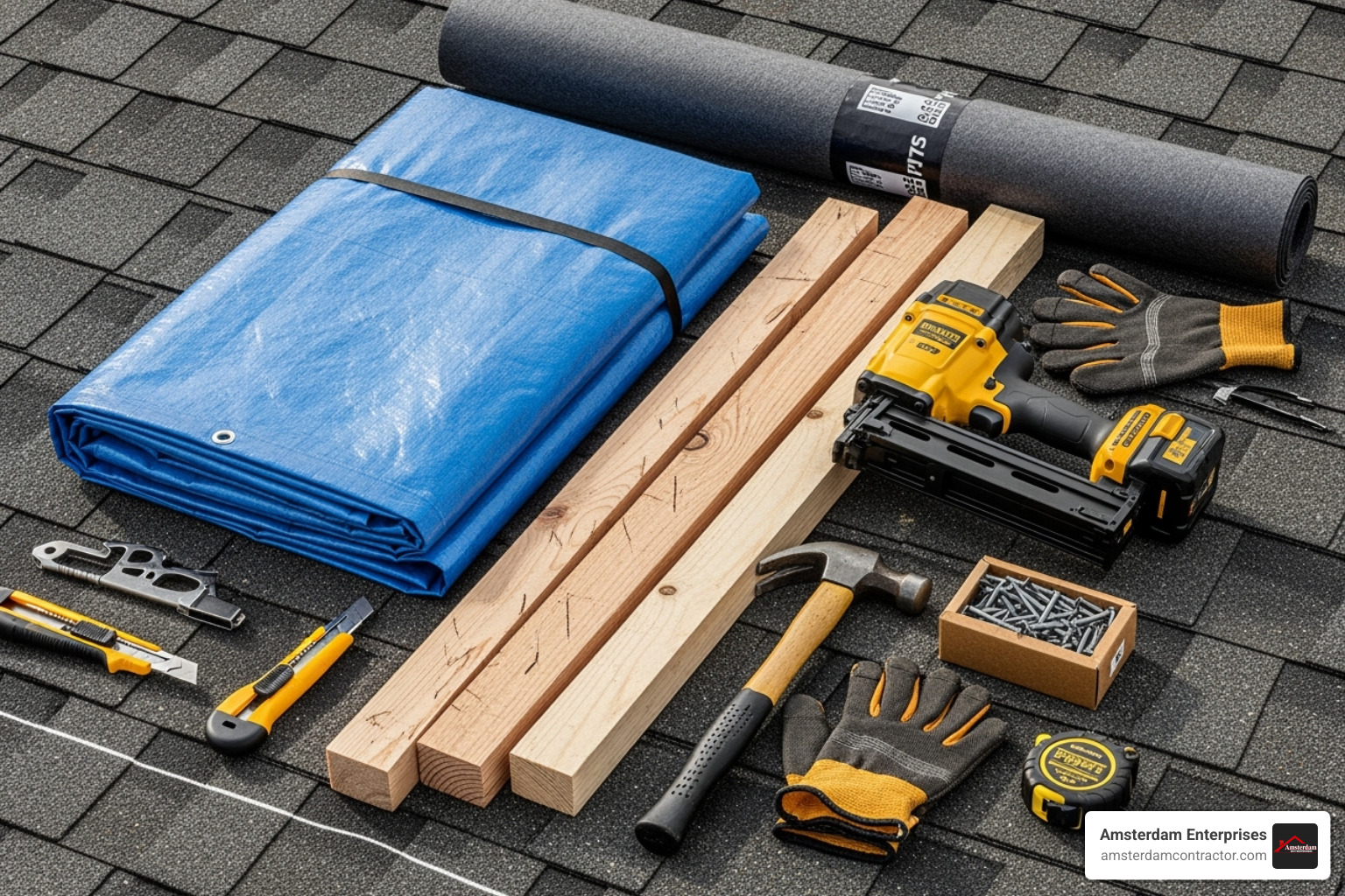 essential roof tarping tools and materials like a heavy-duty tarp, 2x4s, and a nail gun - emergency roof tarping