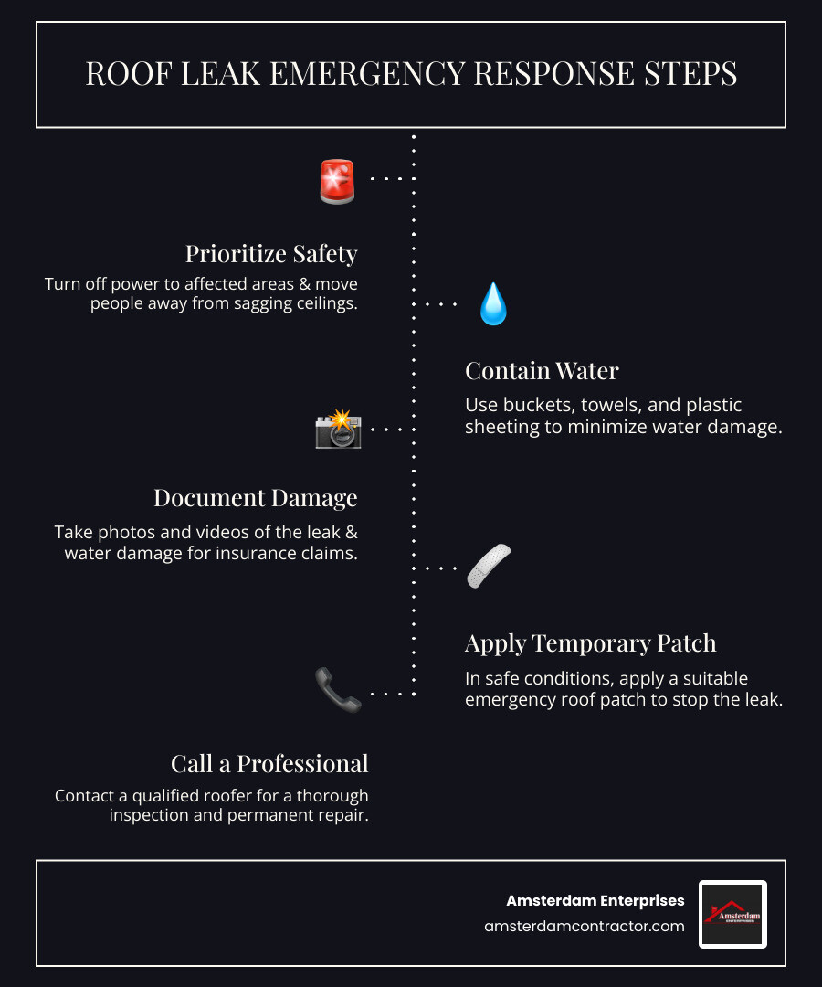 infographic showing emergency roof leak response steps: 1. Turn off power to affected areas 2. Contain water with buckets and towels 3. Move people away from sagging ceilings 4. Document damage with photos 5. Apply temporary patch in safe conditions 6. Call professional roofer for permanent repair - emergency roof patch infographic infographic-line-5-steps-dark
