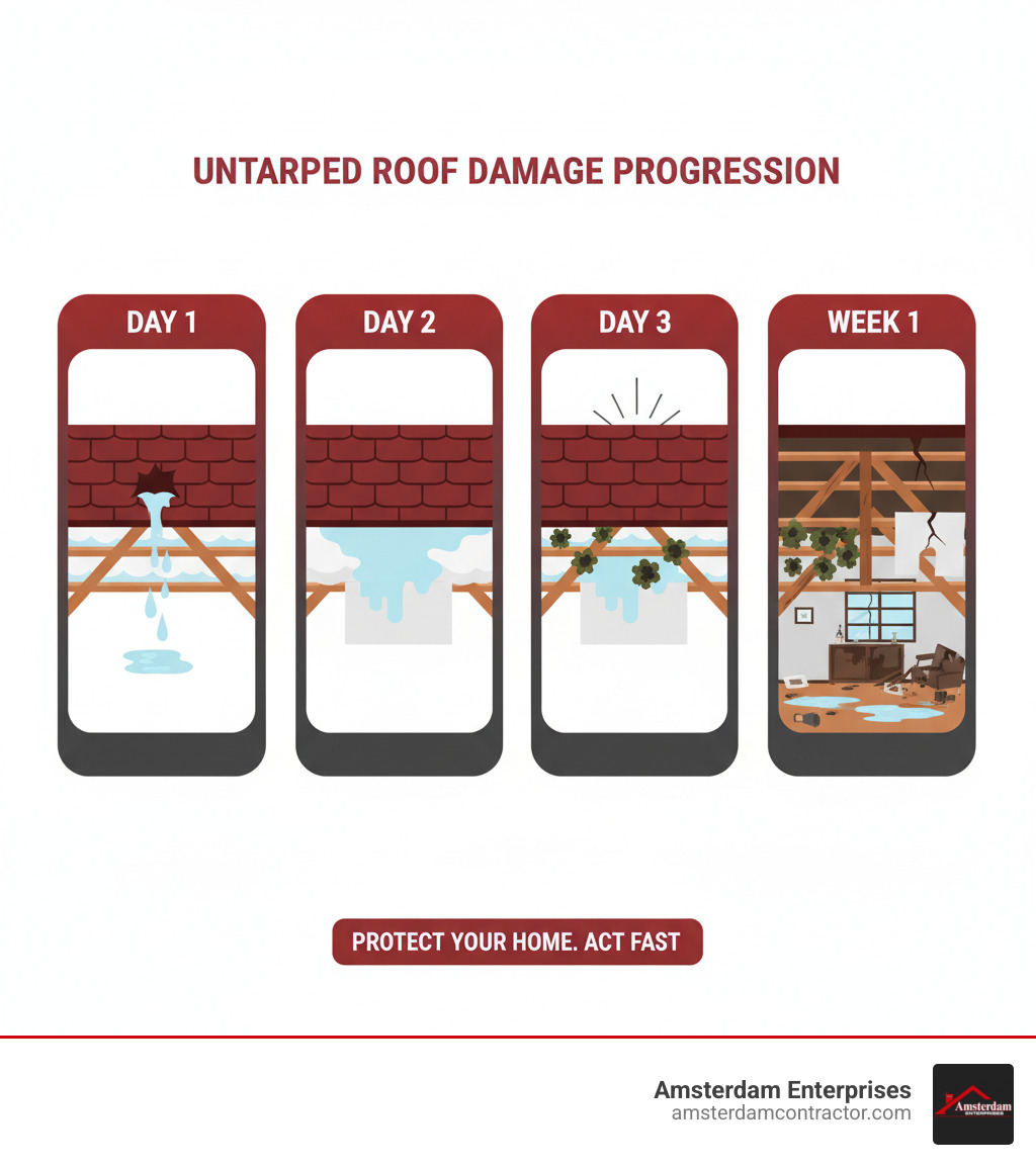 Infographic showing the progression of damage from an untarped roof: Day 1 shows water entering through damaged area, Day 2 shows water spreading to insulation and ceiling, Day 3 shows mold beginning to form, Week 1 shows structural damage and interior destruction - emergency tarping infographic 