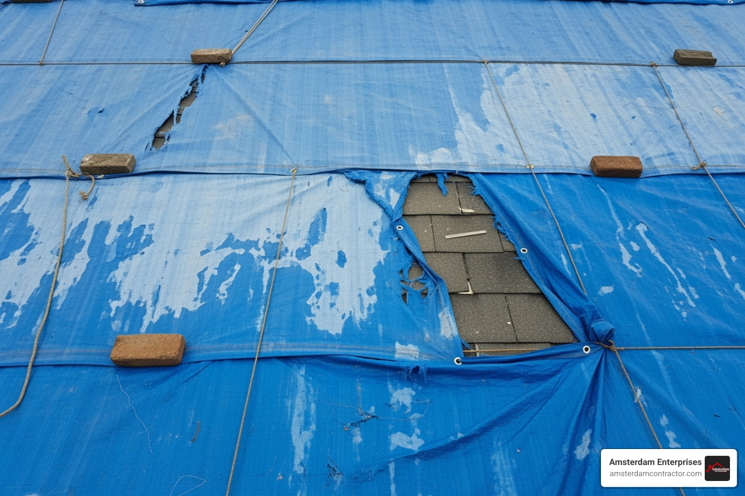 temporary tarp patch showing sun degradation - emergency roof patch