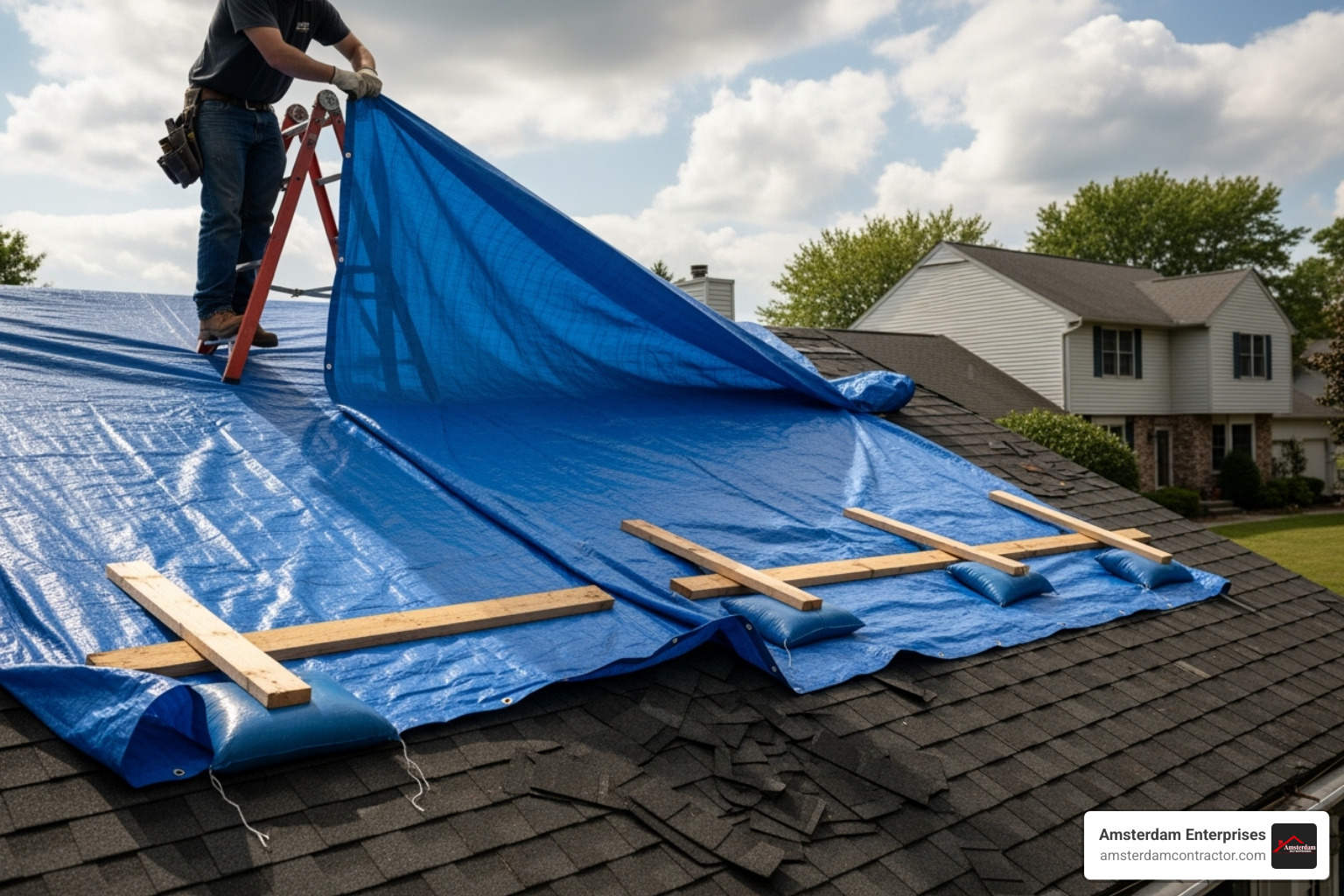 applying a tarp to a roof - emergency roof patch