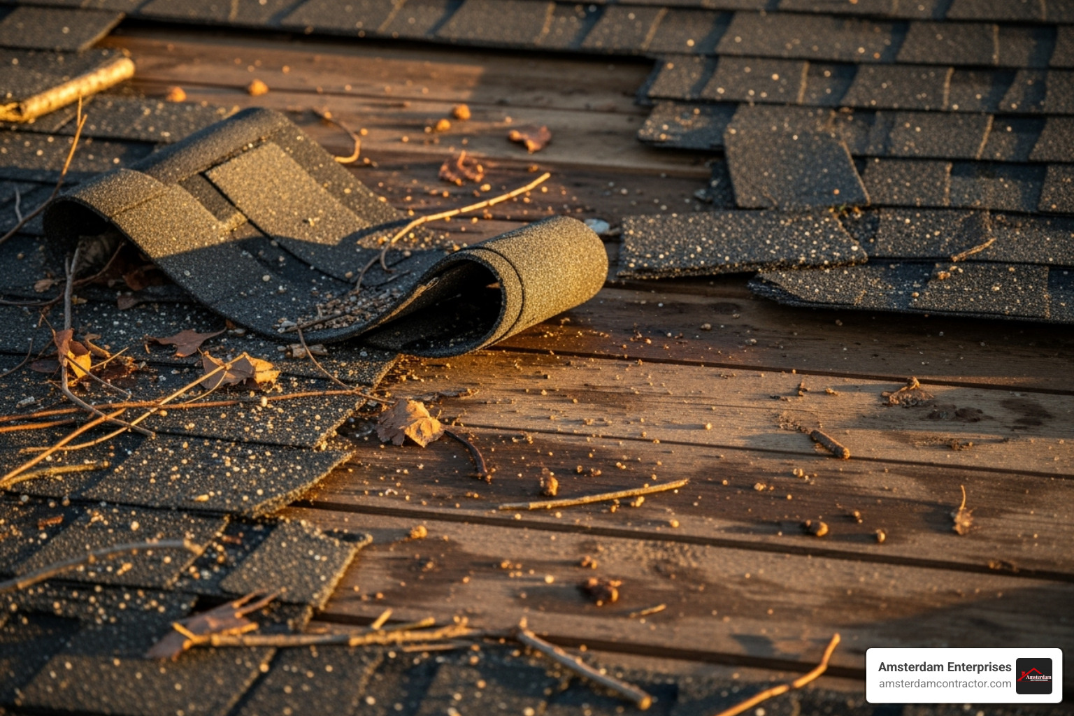 Close-up image of a damaged roof showing missing shingles and exposed wood decking after a storm - emergency tarping