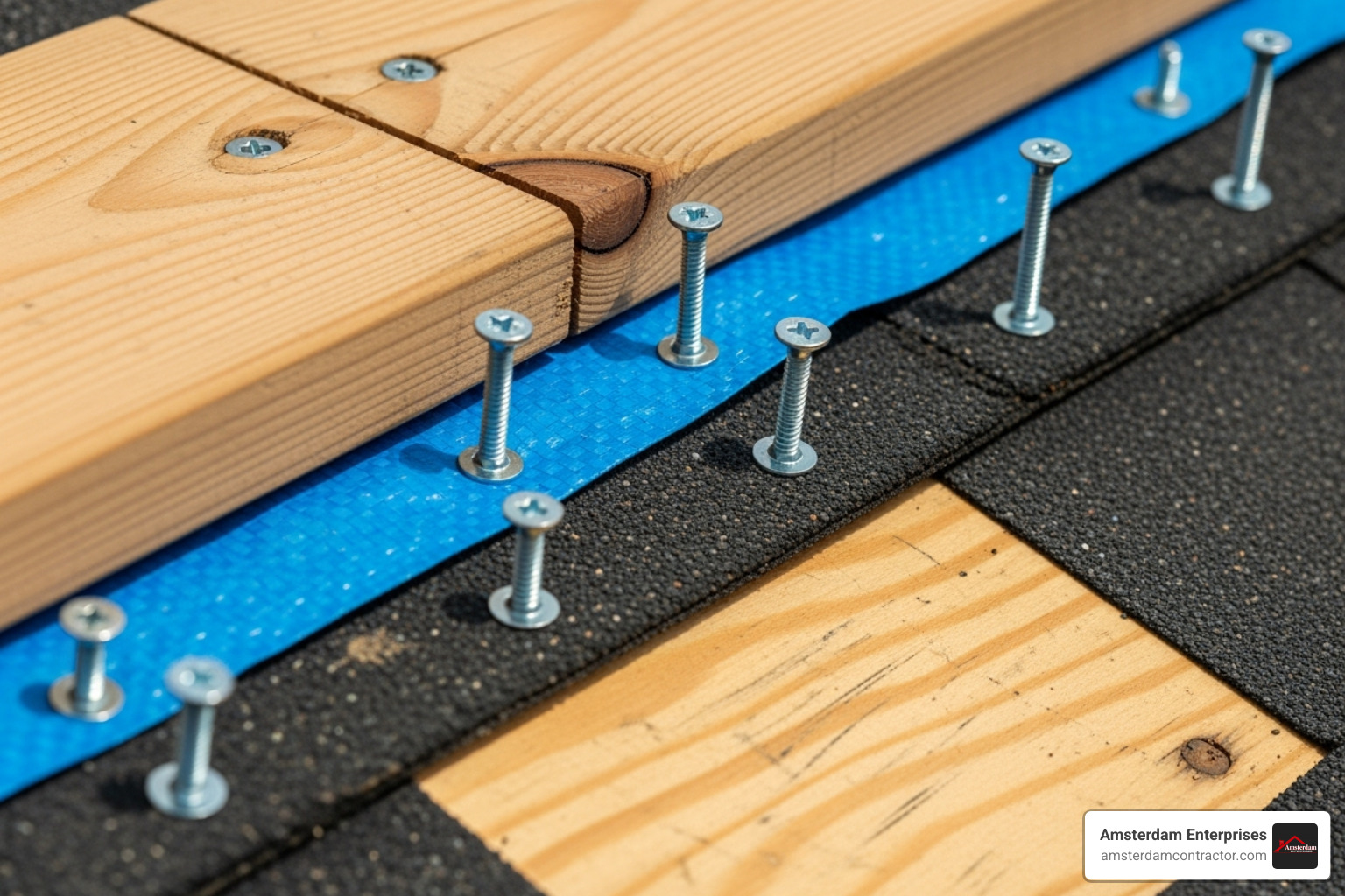 Image illustrating the "sandwich" method of securing a tarp with two 2x4 wood planks, showing screws going through the planks and tarp into the roof decking - emergency tarping