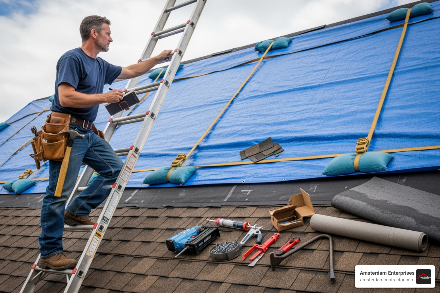 Image of a roofer on a ladder inspecting a roof that has been temporarily tarped, with tools laid out for permanent repairs - emergency tarping