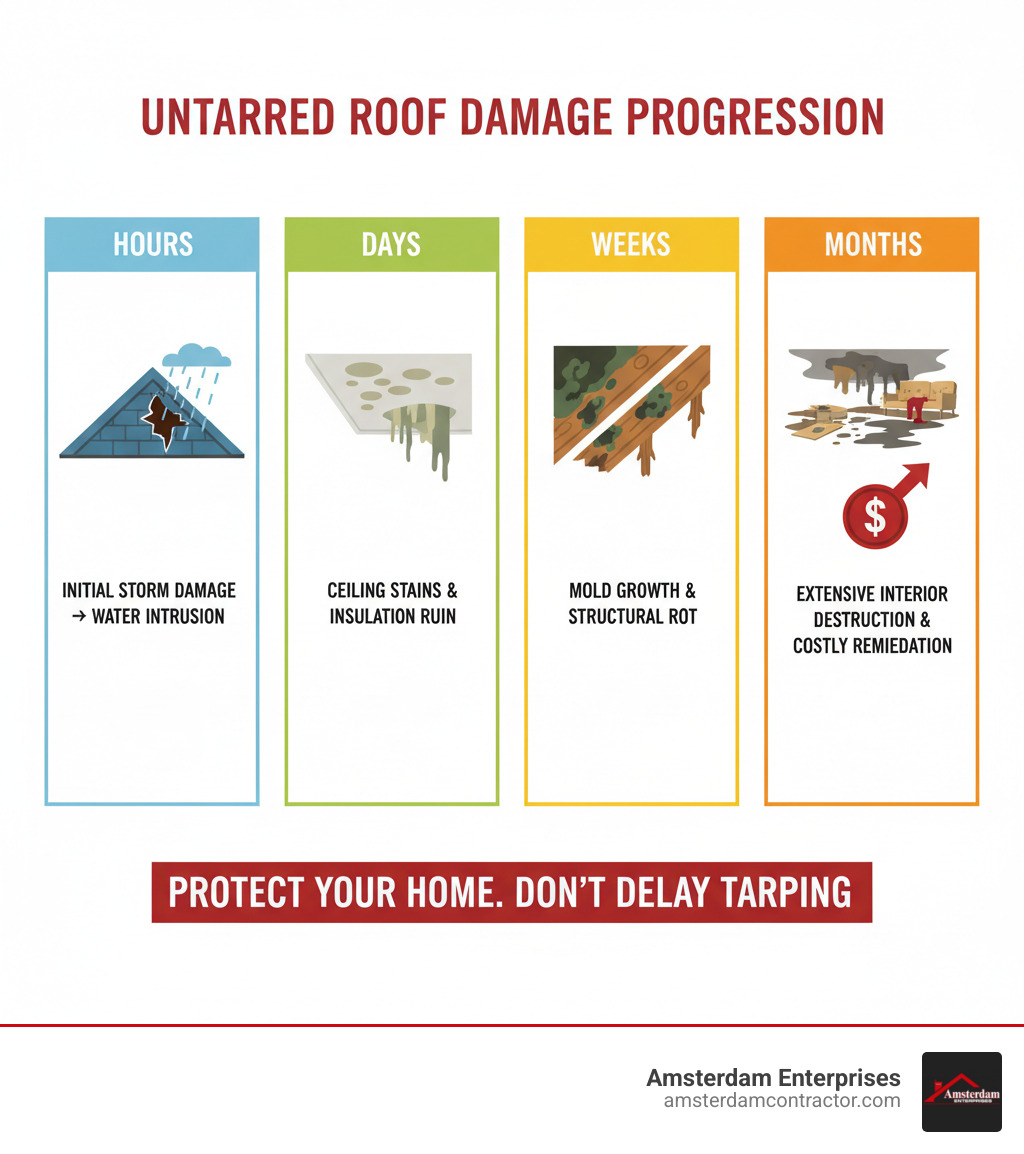 Infographic showing the progression of roof damage without tarping: initial storm damage leads to water intrusion within hours, ceiling stains and insulation damage within days, mold growth and structural rot within weeks, and extensive interior damage requiring costly remediation within months - emergency roof tarping infographic 