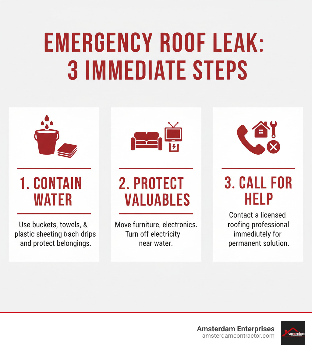 Infographic showing three immediate emergency steps: 1. Contain Water - Use buckets, towels, and plastic sheeting to catch drips and protect belongings. 2. Protect Valuables - Move furniture and electronics away from the leak area, turn off electricity if water is near outlets. 3. Call for Help - Contact a licensed roofing professional immediately for a permanent solution, even if you apply temporary fixes. - emergency roof leak fix infographic