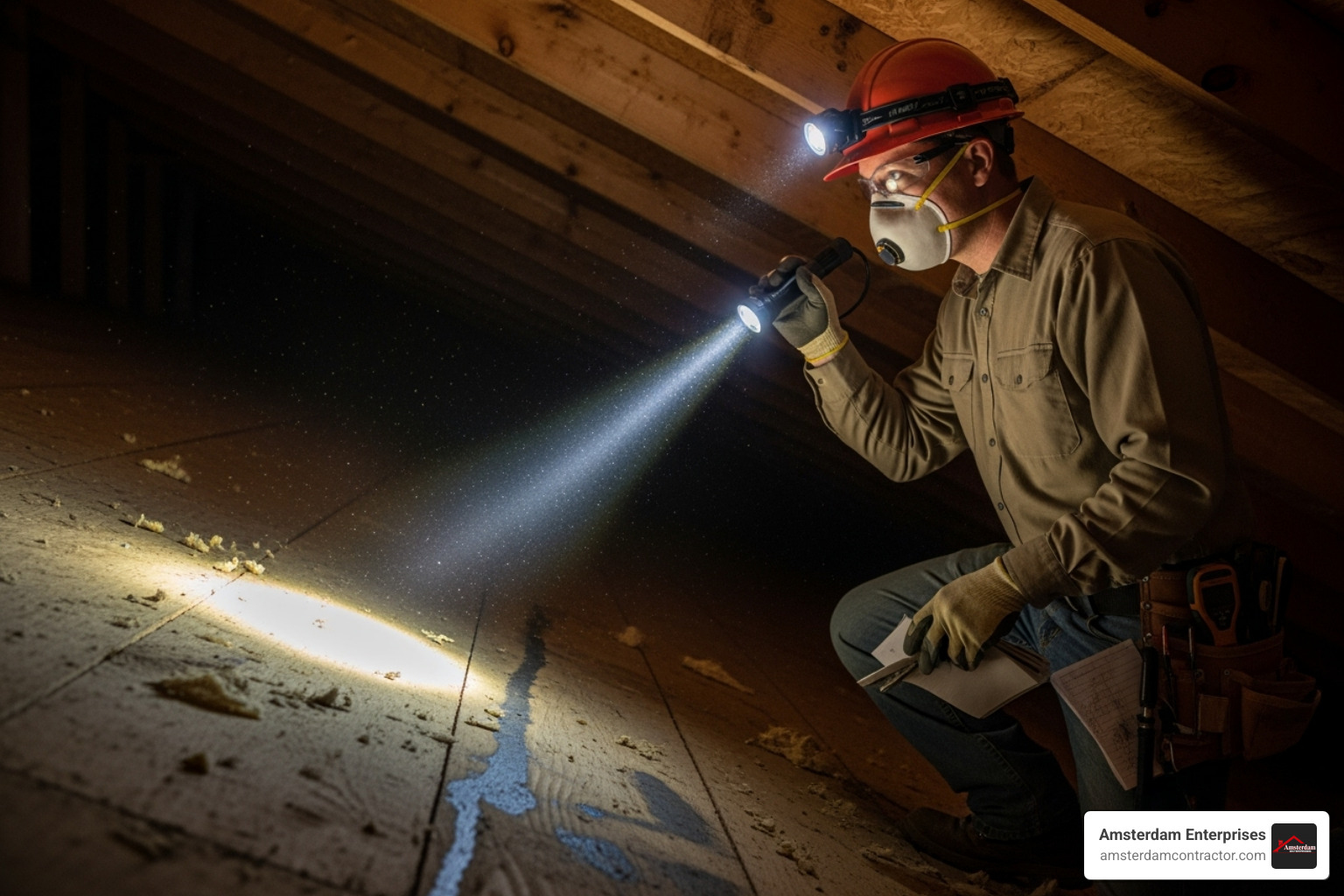 person safely inspecting attic with flashlight - emergency roof leak fix