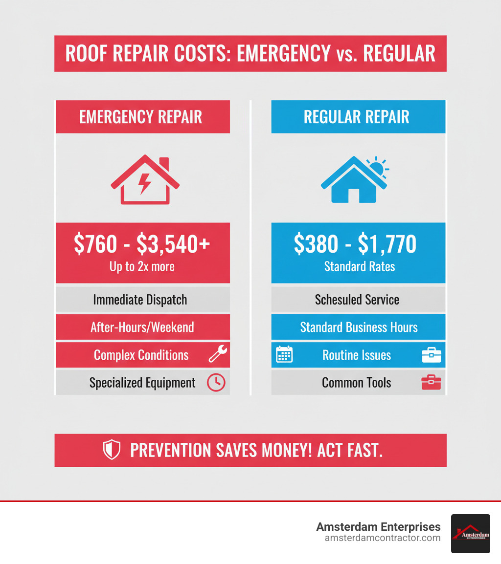 Table comparing emergency and regular roof repair costs - emergency roof leak fix infographic