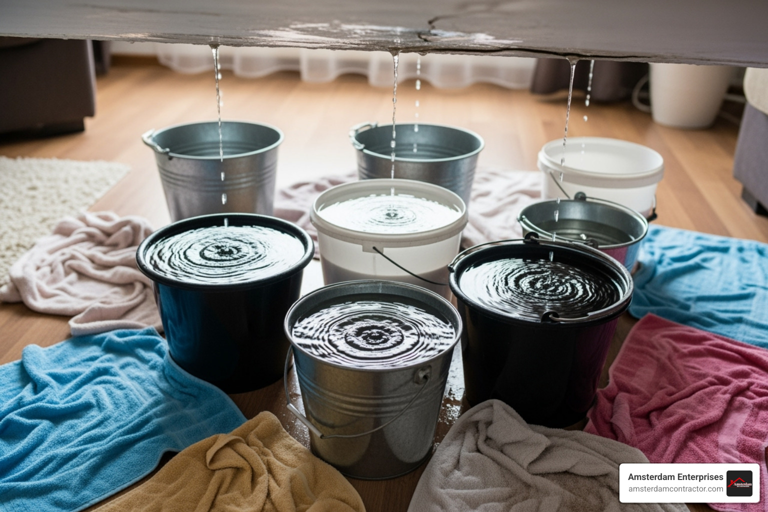 buckets and towels strategically placed under a ceiling leak - emergency roof leak fix