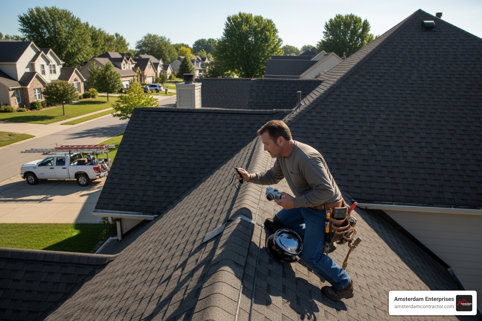 professional roofer inspecting roof - emergency roof leak fix