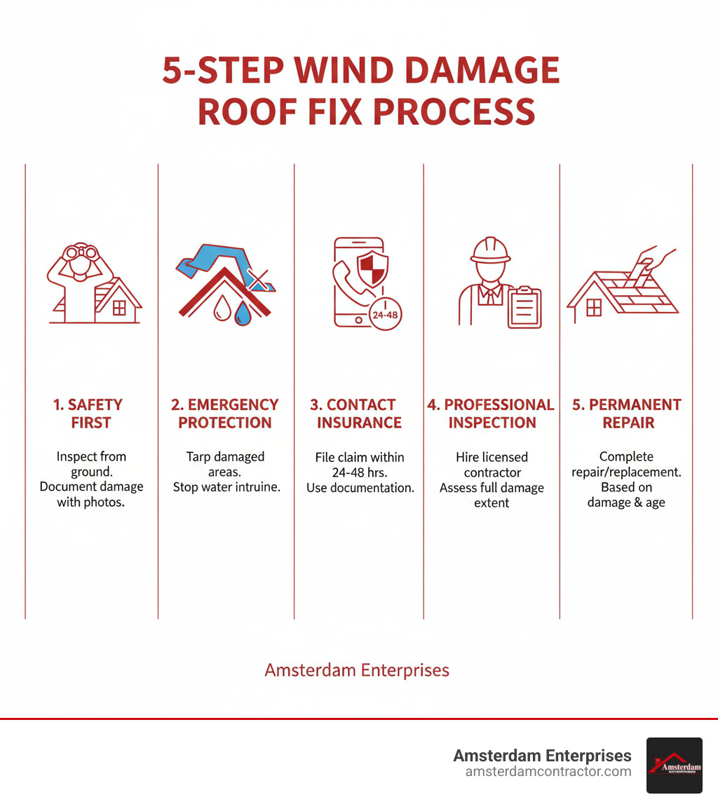 Infographic showing 5-step wind damage roof fix process: 1. Safety first - inspect from ground and document damage with photos, 2. Emergency protection - tarp damaged areas and stop water intrusion, 3. Contact insurance - file claim within 24-48 hours with documentation, 4. Professional inspection - hire licensed contractor to assess full extent of damage, 5. Permanent repair - complete roof repair or replacement based on damage extent and roof age - wind damage roof fix infographic 