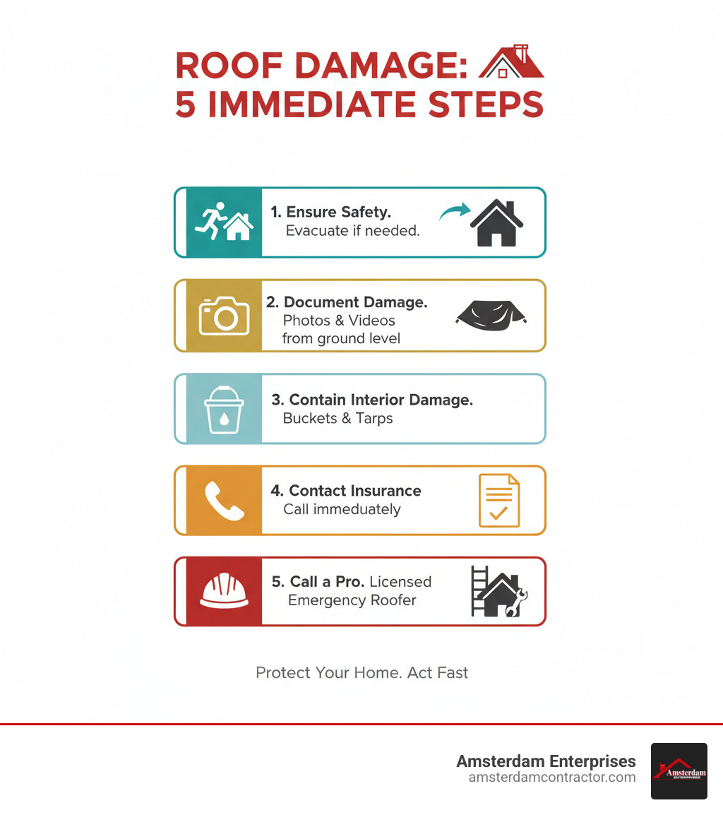 Infographic showing 5 immediate steps when your roof is damaged: 1. Ensure safety and evacuate if necessary, 2. Document all damage with photos and videos from ground level, 3. Contain interior damage with buckets and tarps, 4. Contact your insurance company immediately, 5. Call a licensed emergency roofing professional for assessment - emergency roof replacement infographic 