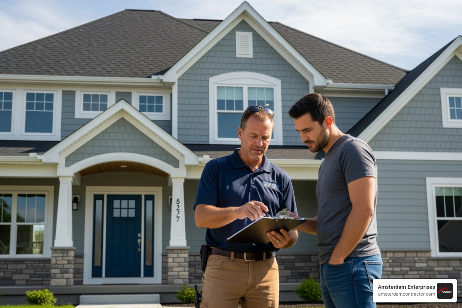 roofing contractor and a homeowner reviewing a clipboard together in front of a house - wind damage roof fix