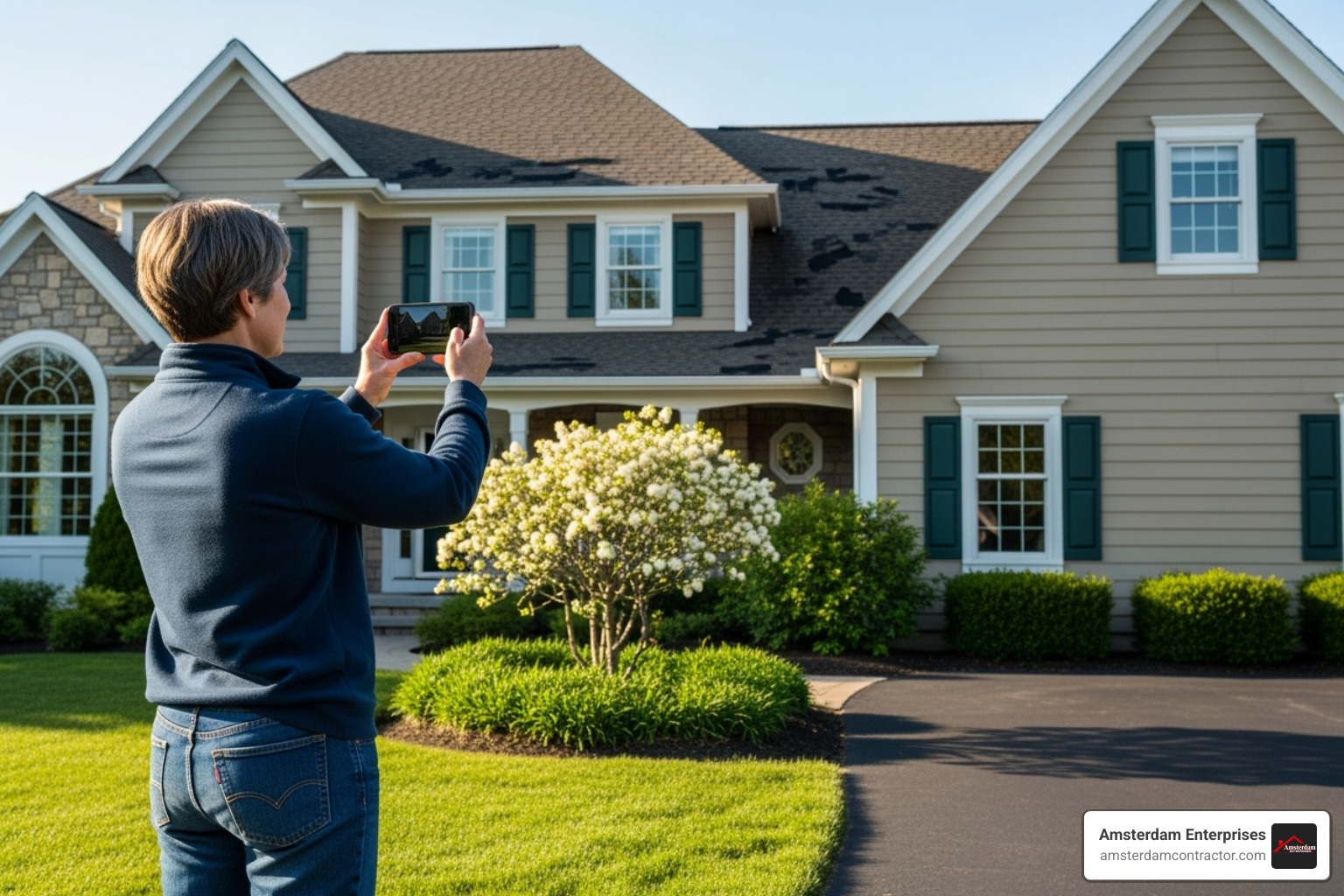 homeowner safely taking photos of roof damage from the ground with a smartphone - wind damage roof fix