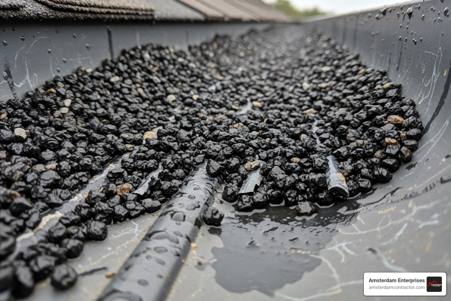 shingle granules collected in a gutter after a storm - wind damage roof fix