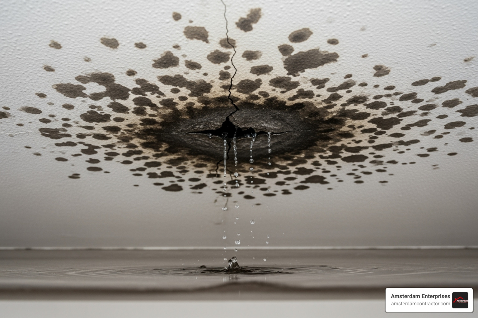 ceiling showing significant water stains and dripping - emergency roof replacement