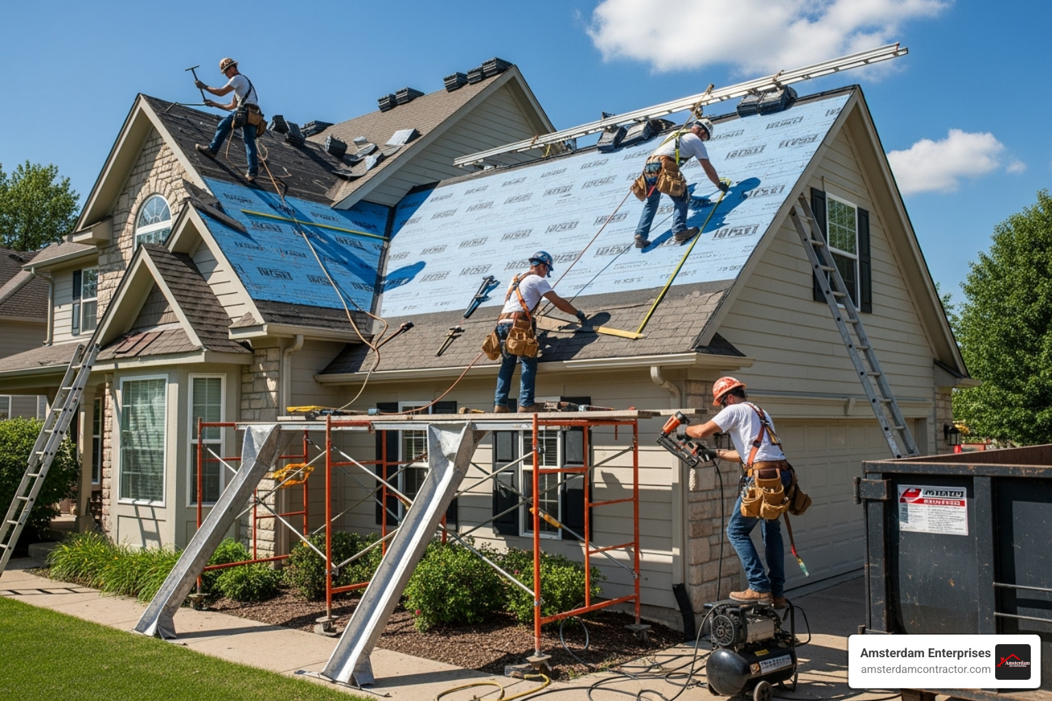 professional roofing crew safely working on a roof replacement - emergency roof replacement