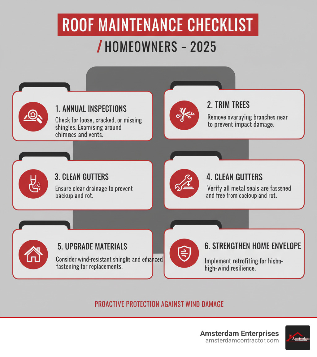infographic showing roof maintenance checklist for homeowners - wind damage roof fix infographic 