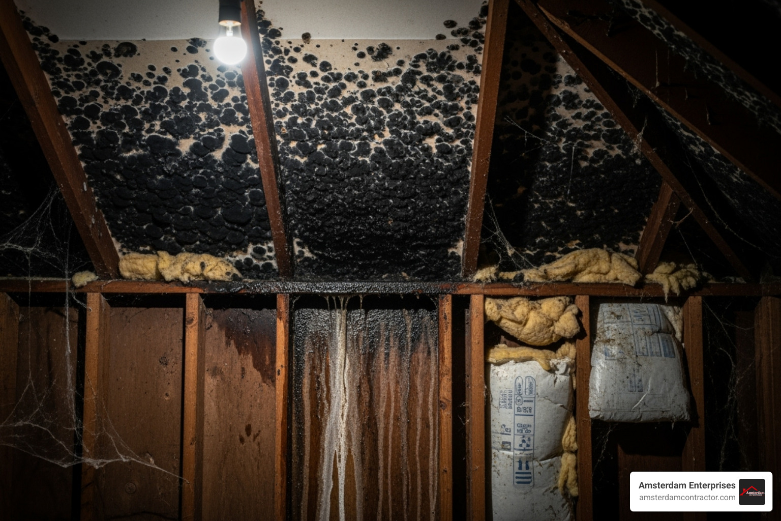 Black mold growing on an attic wall near a water leak - emergency roofing company