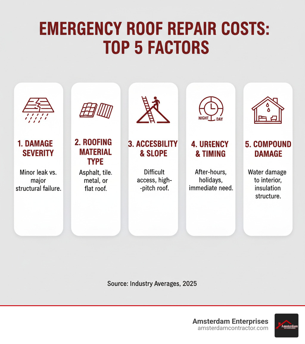 Infographic showing the top 5 factors that influence emergency roof repair costs: damage severity, roofing material type, roof accessibility and slope, urgency and timing of service, and extent of compound damage to structure and interior - emergency roof repair cost infographic 