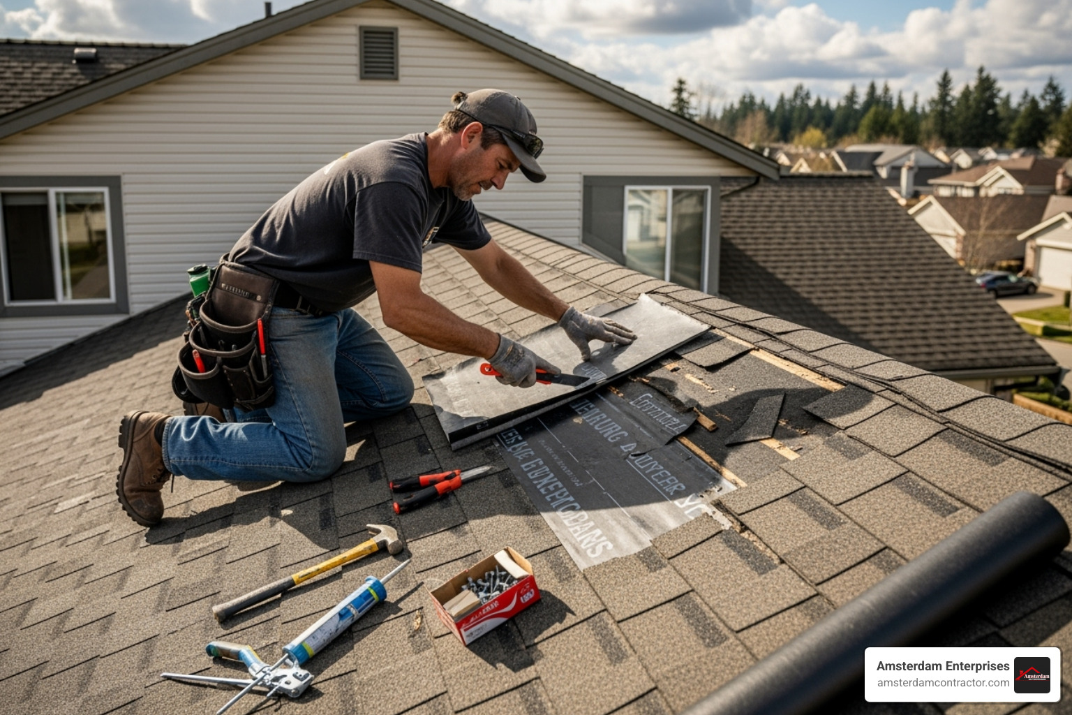 roofer applying emergency patch - emergency roof repair cost
