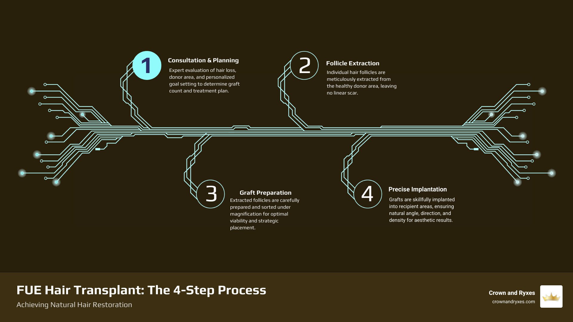 infographic showing FUE hair transplant process with four main steps: consultation and assessment with doctor evaluating hair loss pattern, extraction phase showing individual follicles being removed from donor area, preparation of grafts under microscope, and implantation phase showing follicles being placed in recipient area, with average costs listed for small medium and large sessions - FUE hair transplant cost infographic infographic-4-steps-tech