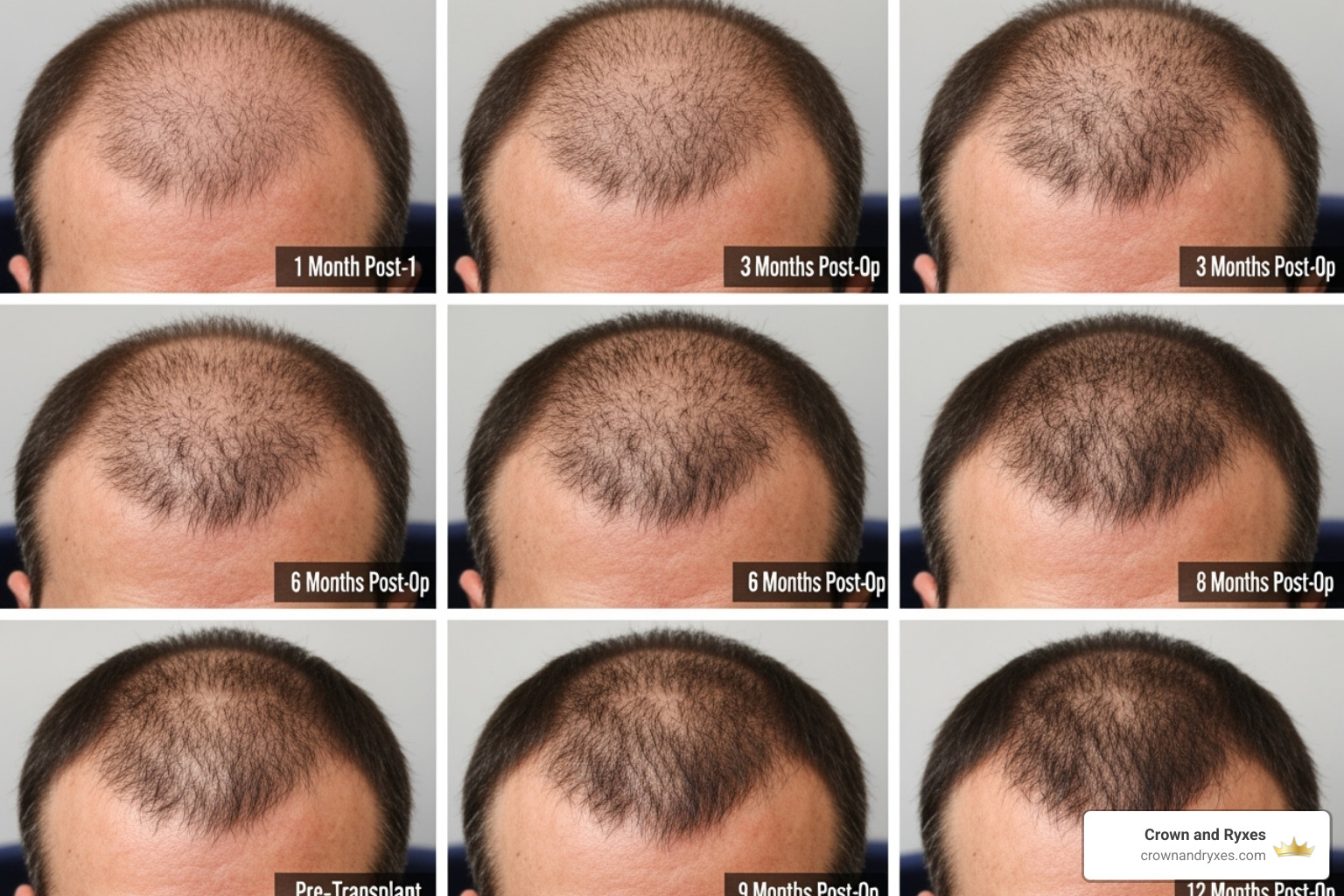 image showing a visual timeline of hair growth from 1 month to 12 months post-op - FUE hair transplant cost