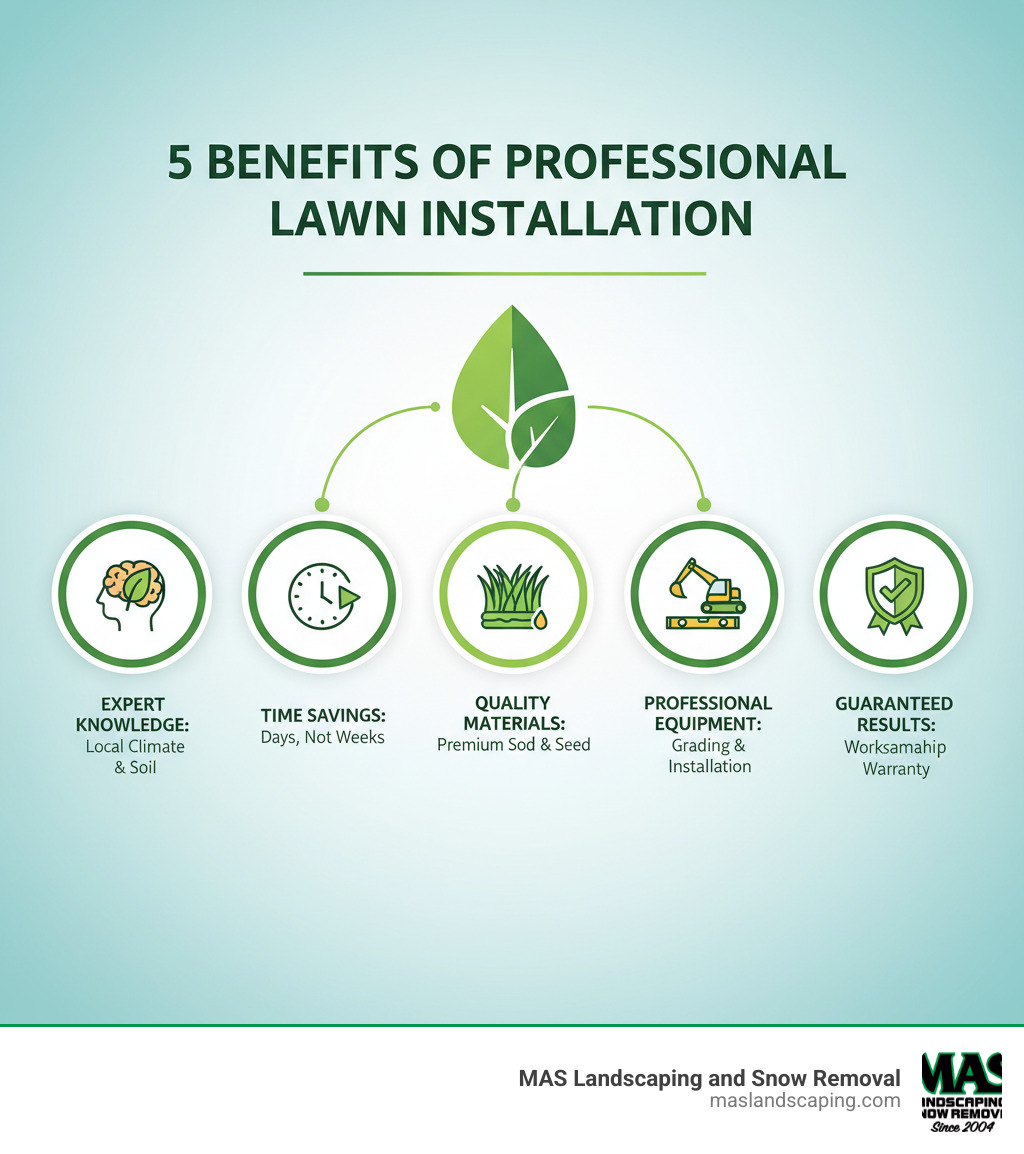 infographic showing five key benefits of professional lawn installation: Expert Knowledge of local climate and soil conditions, Time Savings with installation completed in days not weeks, Quality Materials including premium sod and seed varieties, Professional Equipment for proper grading and installation, and Guaranteed Results with warranties on workmanship - lawn installation company infographic 