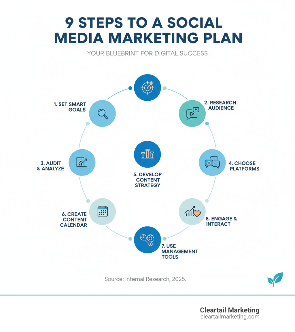 INFOGRAPHIC EXPLAINING THE CORE STEPS TO CREATING A SOCIAL MEDIA MARKETING PLAN: 1) SET SMART GOALS ALIGNED WITH BUSINESS OBJECTIVES, 2) RESEARCH AND DEFINE YOUR TARGET AUDIENCE, 3) CONDUCT A SOCIAL MEDIA AUDIT AND COMPETITIVE ANALYSIS, 4) CHOOSE PLATFORMS WHERE YOUR AUDIENCE IS ACTIVE, 5) DEVELOP A CONTENT STRATEGY WITH CONTENT PILLARS AND MIX, 6) CREATE A CONTENT CALENDAR FOR CONSISTENT POSTING, 7) IMPLEMENT SOCIAL MEDIA MANAGEMENT TOOLS, 8) ENGAGE WITH YOUR COMMUNITY ACTIVELY, 9) TRACK PERFORMANCE METRICS AND OPTIMIZE CONTINUOUSLY - SOCIAL MEDIA MARKETING PLANS INFOGRAPHIC 