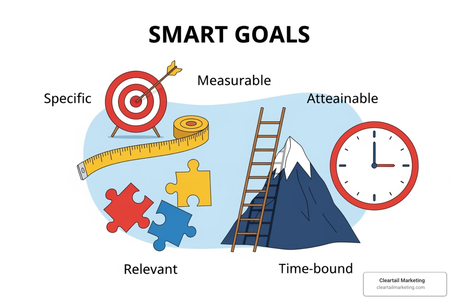 SMART GOALS FRAMEWORK DIAGRAM ILLUSTRATING SPECIFIC, MEASURABLE, ACHIEVABLE, RELEVANT, AND TIME-BOUND CRITERIA - SOCIAL MEDIA MARKETING PLANS