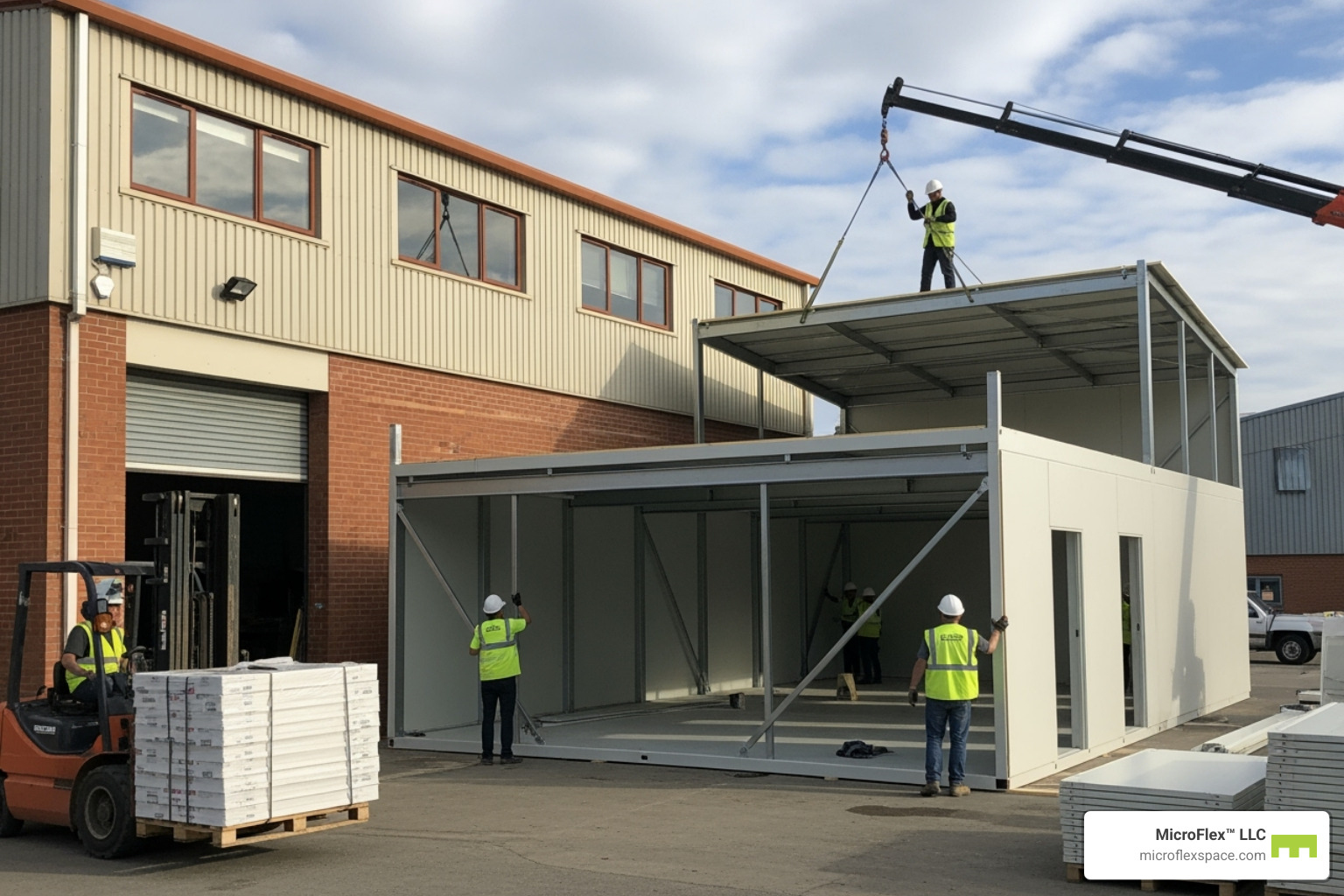 Temporary structure being quickly assembled next to an existing building - Temporary workshop space Temporary structure being quickly assembled next to an existing building - Temporary workshop space