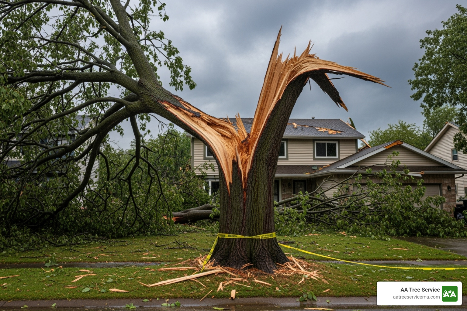 Large tree with a split trunk near a home after storm damage - tree cutting service atkinson nh