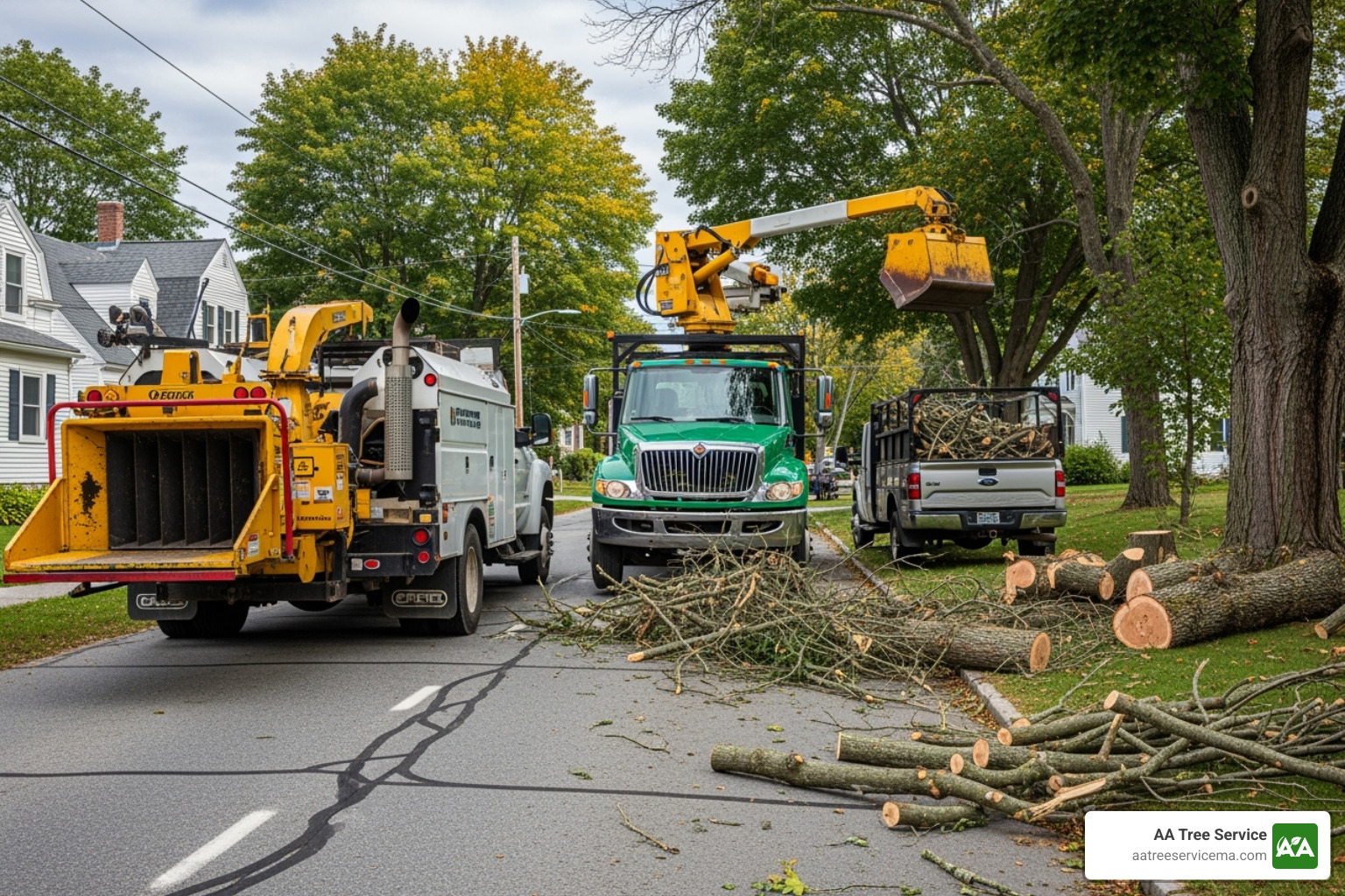 Tree service crew working on a residential property in a New Hampshire setting - tree cutting service atkinson nh