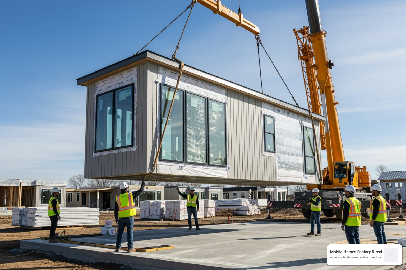 A triple-wide section being carefully placed onto a foundation. - triple wide mobile home with 2 master suites A triple-wide section being carefully placed onto a foundation. - triple wide mobile home with 2 master suites