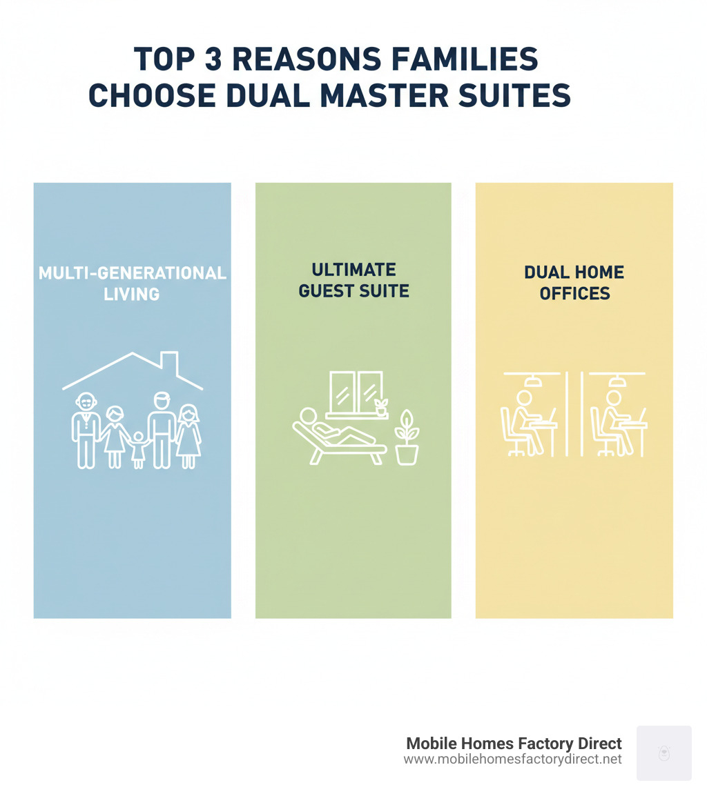 Infographic showing three columns: Left - Multi-Generational Living with icons of elderly couple and young family under same roof; Center - Ultimate Guest Suite with icon of guest relaxing in private space; Right - Dual Home Offices with icons of two people working from separate rooms. Title: Top 3 Reasons Families Choose Dual Master Suites - triple wide mobile home with 2 master suites infographic Infographic showing three columns: Left - Multi-Generational Living with icons of elderly couple and young family under same roof; Center - Ultimate Guest Suite with icon of guest relaxing in private space; Right - Dual Home Offices with icons of two people working from separate rooms. Title: Top 3 Reasons Families Choose Dual Master Suites - triple wide mobile home with 2 master suites infographic