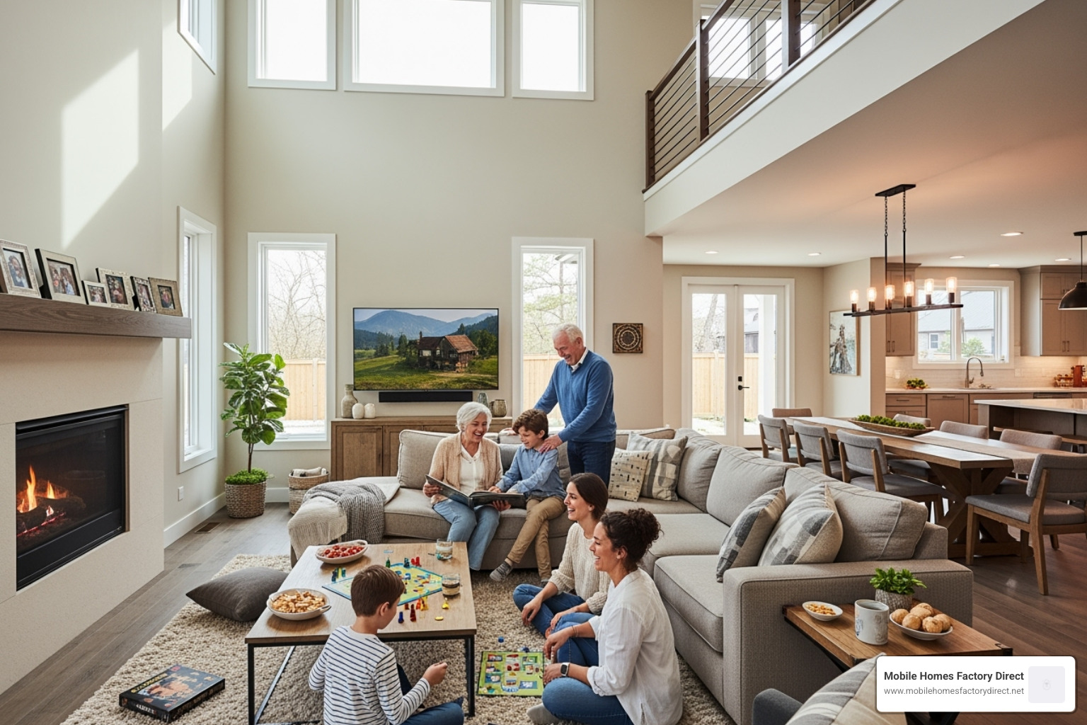 A happy multi-generational family enjoying a spacious open-concept living room. - triple wide mobile home with 2 master suites A happy multi-generational family enjoying a spacious open-concept living room. - triple wide mobile home with 2 master suites