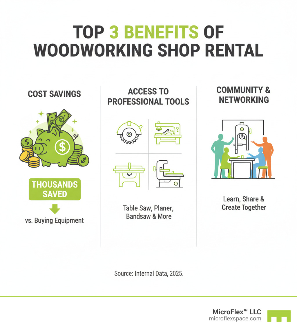 Infographic showing the top 3 benefits of woodworking shop rental: Cost Savings with dollar signs and a piggy bank showing thousands saved versus buying equipment; Access to Professional Tools with icons of a table saw, planer, jointer, and bandsaw; and Community and Networking with silhouettes of people collaborating and learning together in a workshop setting - Woodworking shop rental infographic Infographic showing the top 3 benefits of woodworking shop rental: Cost Savings with dollar signs and a piggy bank showing thousands saved versus buying equipment; Access to Professional Tools with icons of a table saw, planer, jointer, and bandsaw; and Community and Networking with silhouettes of people collaborating and learning together in a workshop setting - Woodworking shop rental infographic